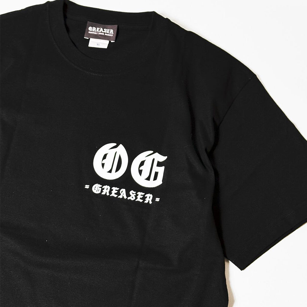 Black t-shirt with a white OG logo and text on a white background