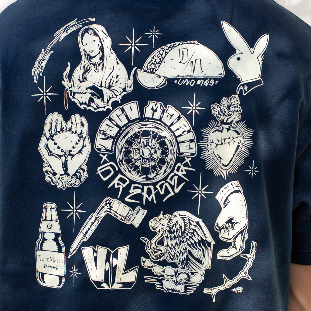 Navy blue t-shirt with white graphic designs on a plain background