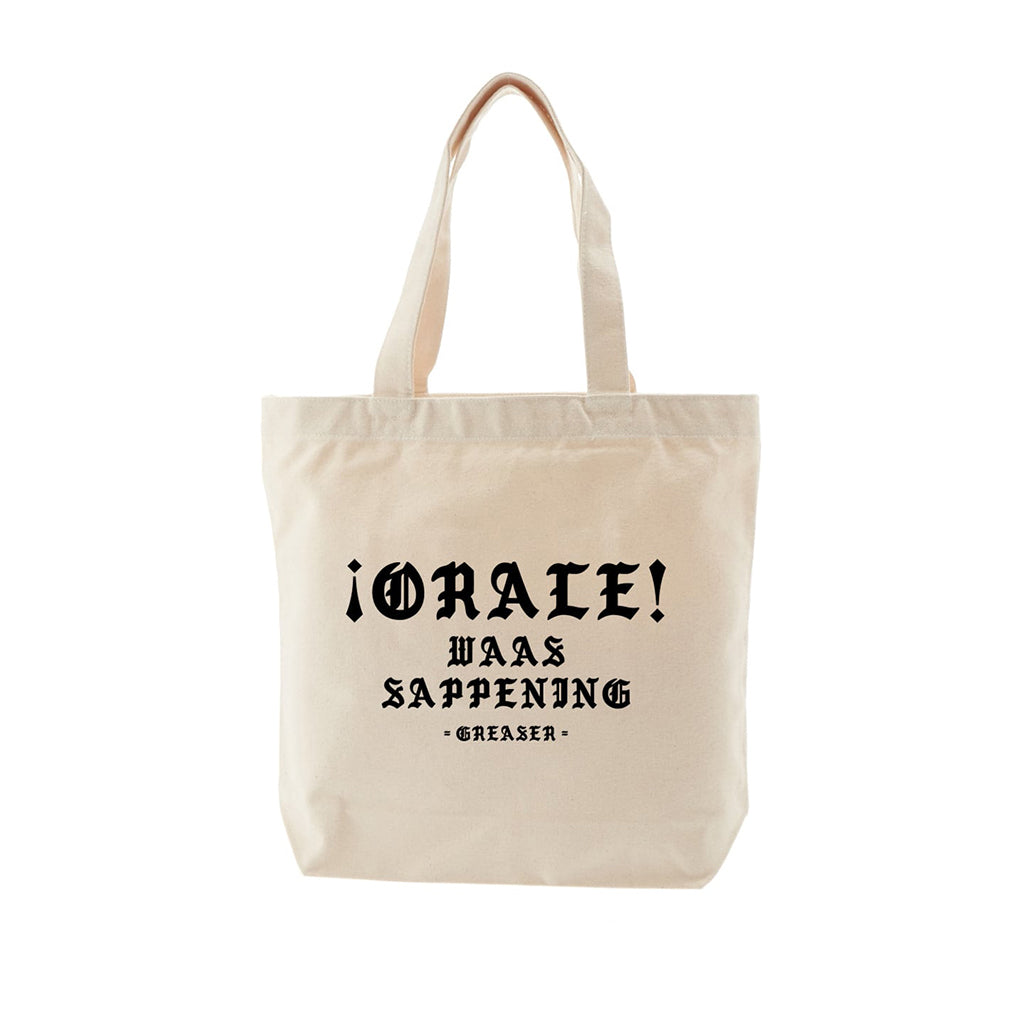 Beige tote bag with black orale text on a white background