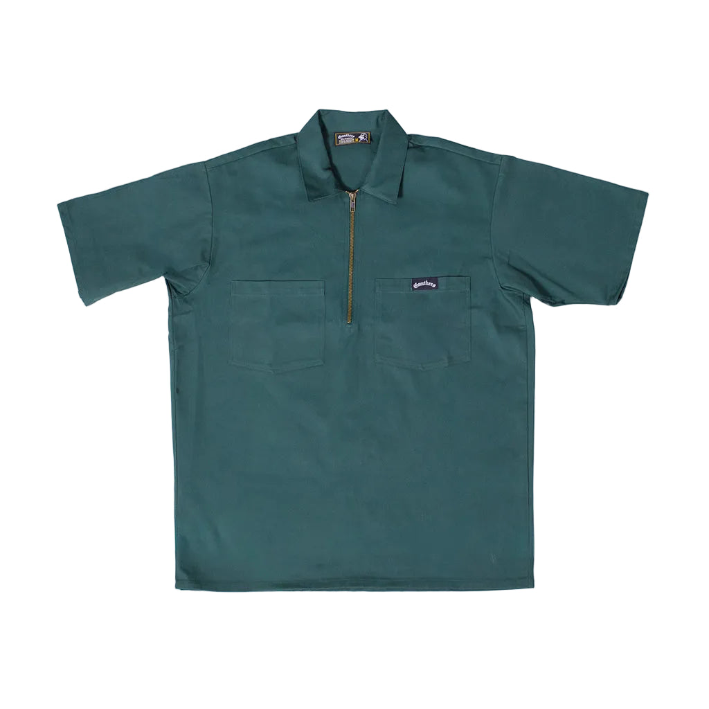 Green short-sleeve shirt with a zipper on a white background