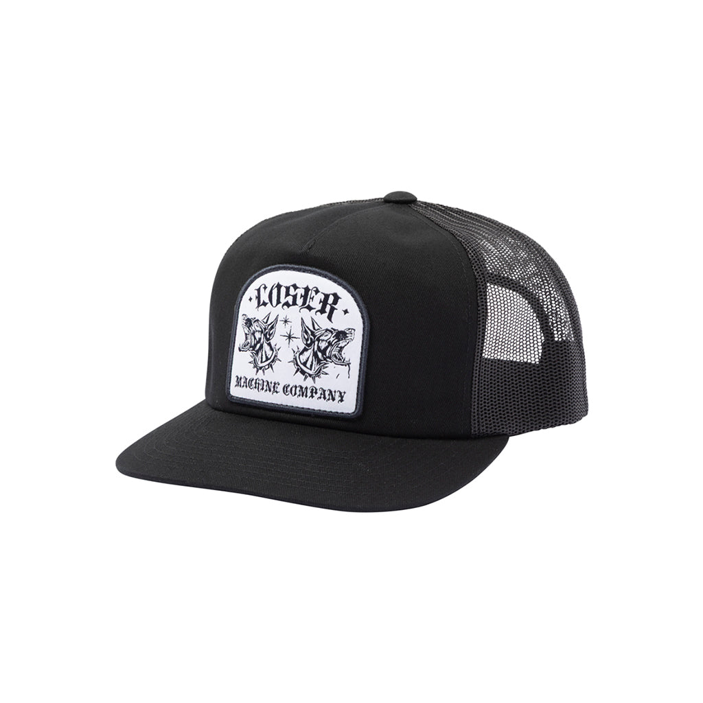 Black trucker cap with a white logo on a white background