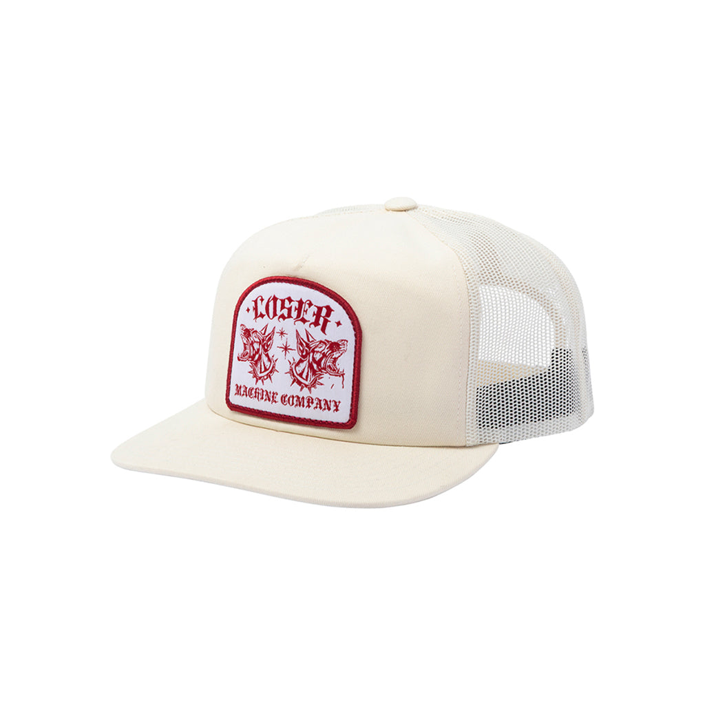 Beige trucker cap with red and white logo on a white background