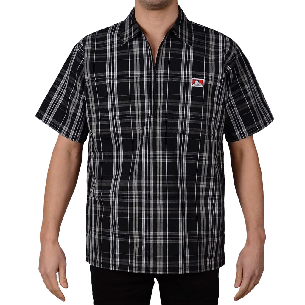 Half Zip Short Sleeve Black & White Plaid