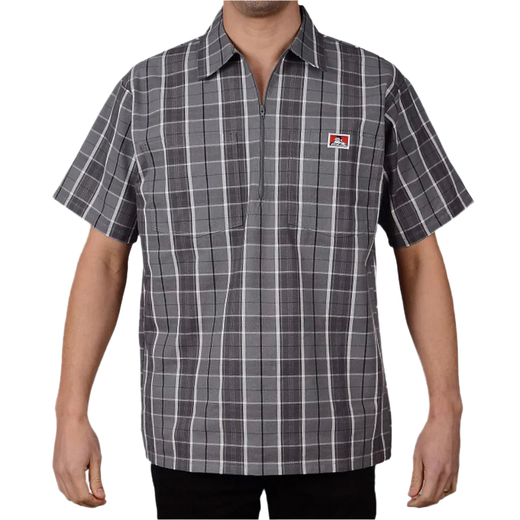 Half Zip Short Sleeve Grey & Black Plaid