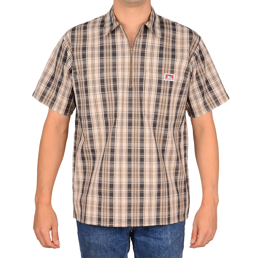 Ben Davis | Half Zip Short Sleeve Khaki & Grey Plaid | Shirts
