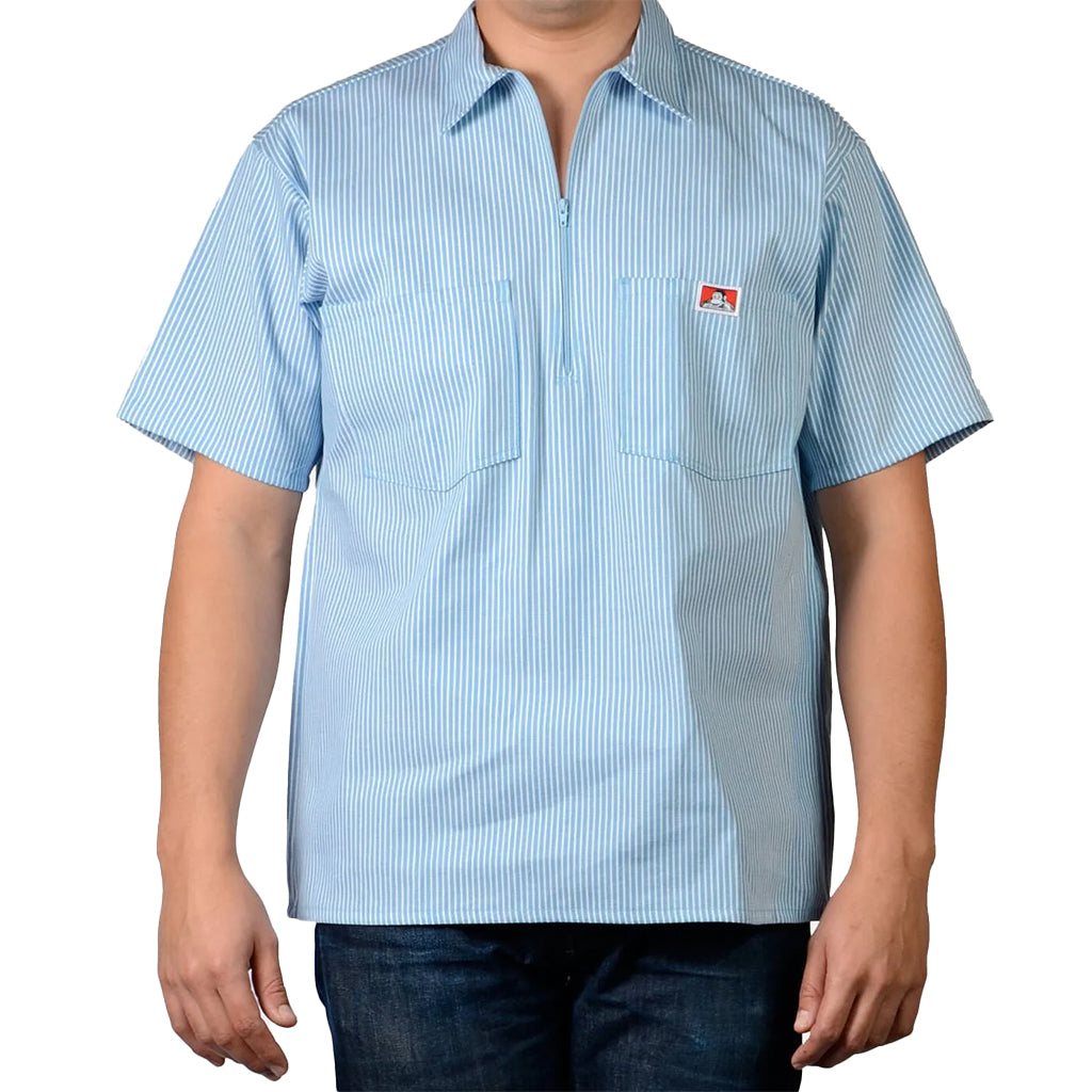Light blue striped shirt with a small logo on a white background