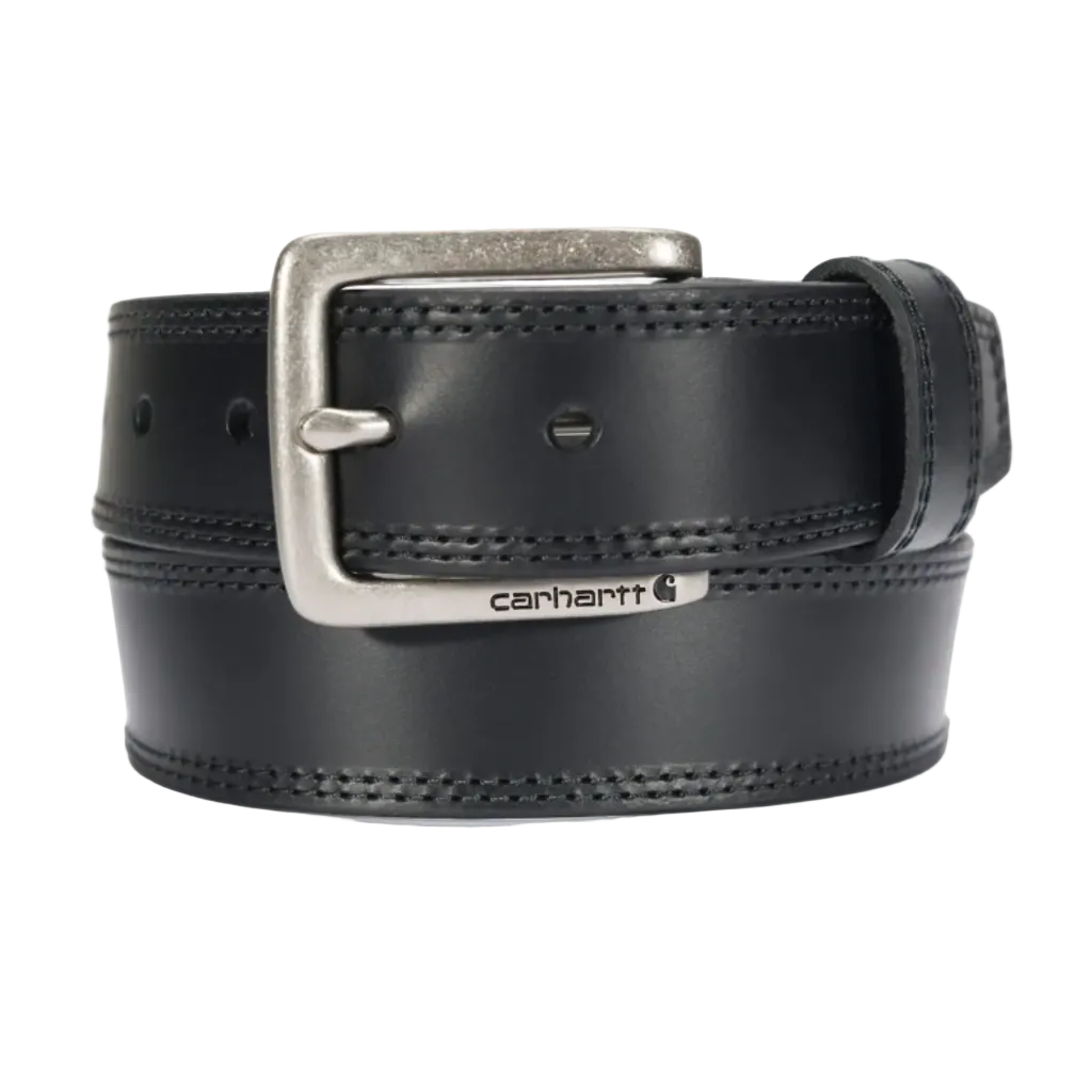 A black leather belt with a silver-tone metal buckle, featuring stitched detailing and a visible Carhartt logo on the buckle, set against a plain white background.