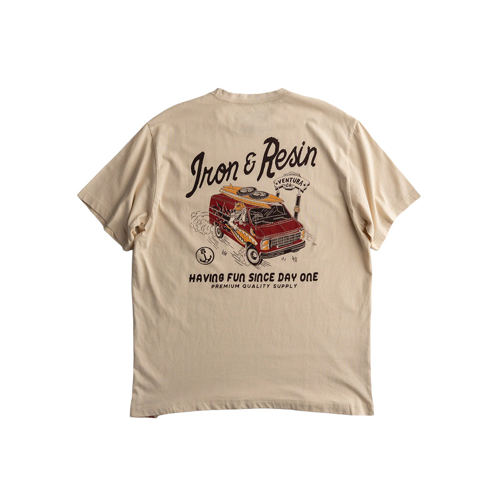 Beige t-shirt with graphic design and text on a white background