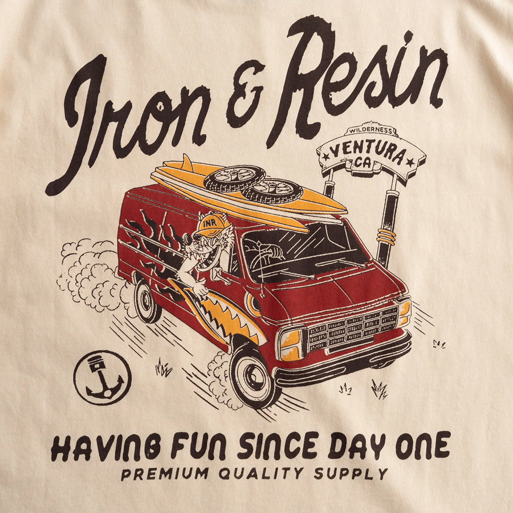 T-shirt design with a van, surfboard, and text 'Iron & Resin' on a beige background