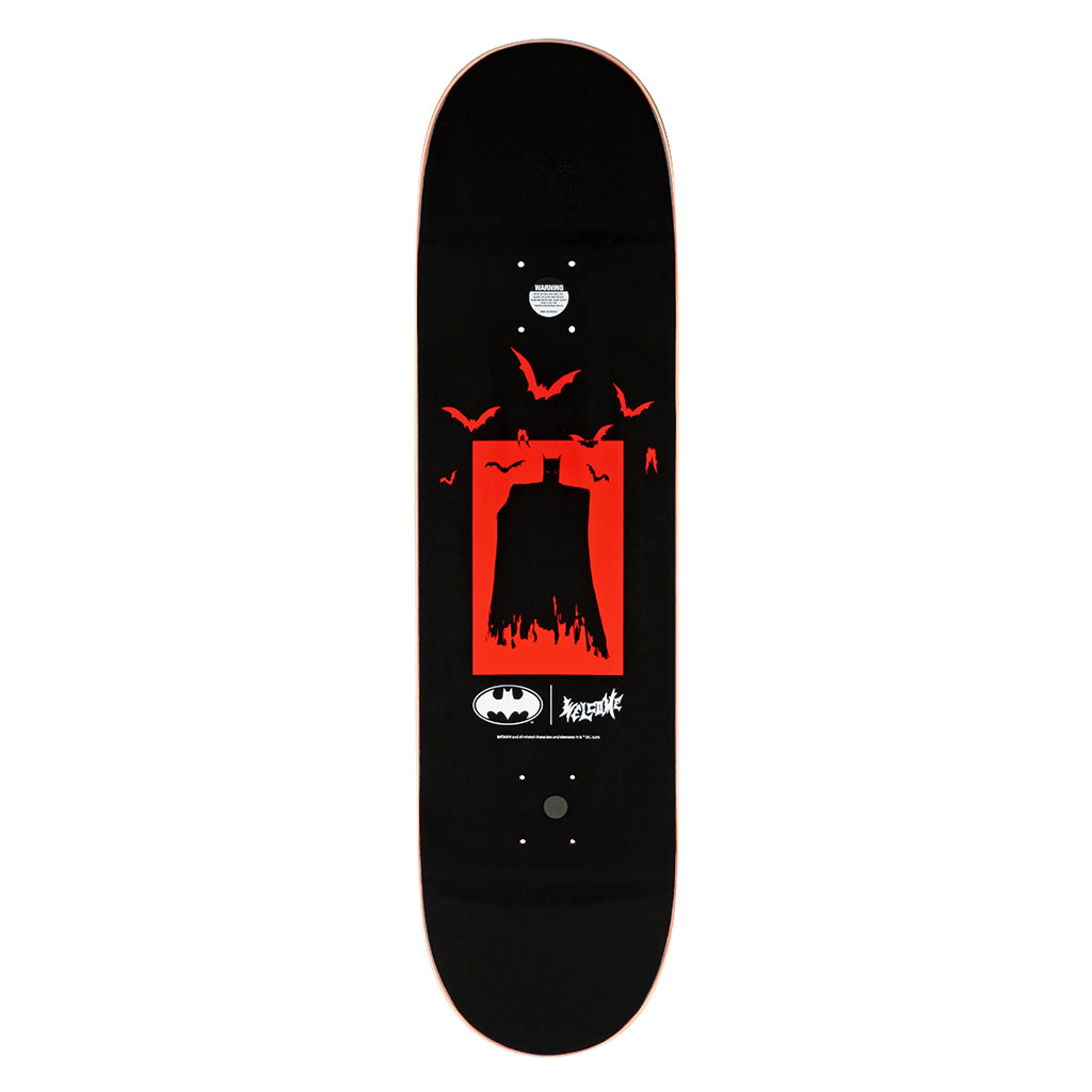 Black skateboard deck with red and white graphic design on a white background
