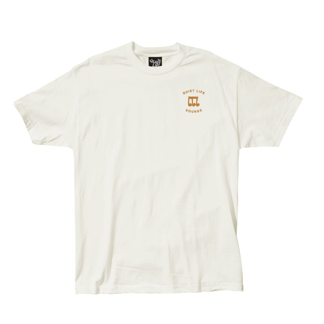 White t-shirt with a small logo on a white background