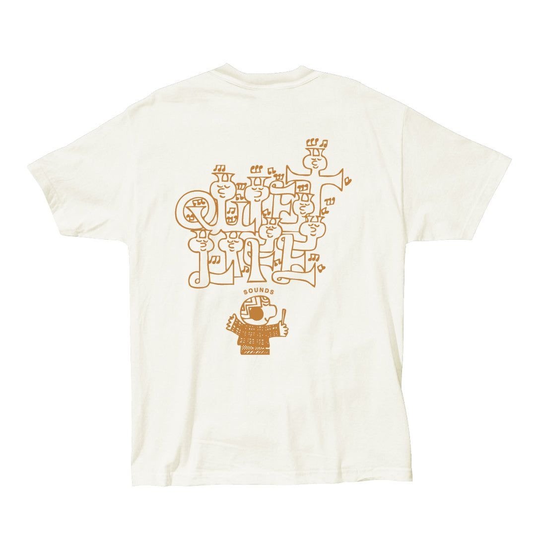 White t-shirt with orange graphic design on a white background