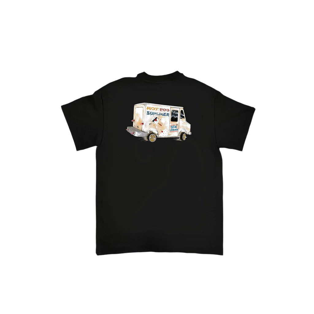 Black t-shirt with a food truck graphic on the back against a light gray background