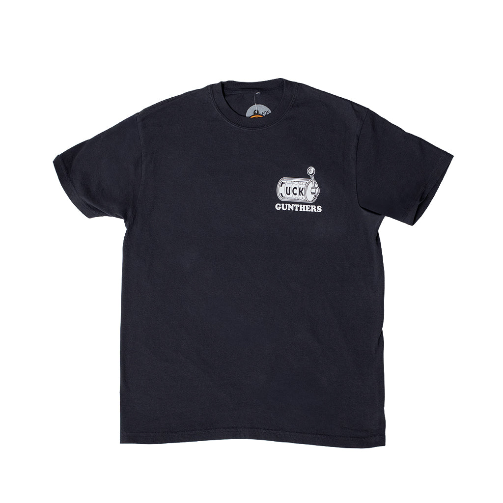 Black t-shirt with a logo on the chest against a white background