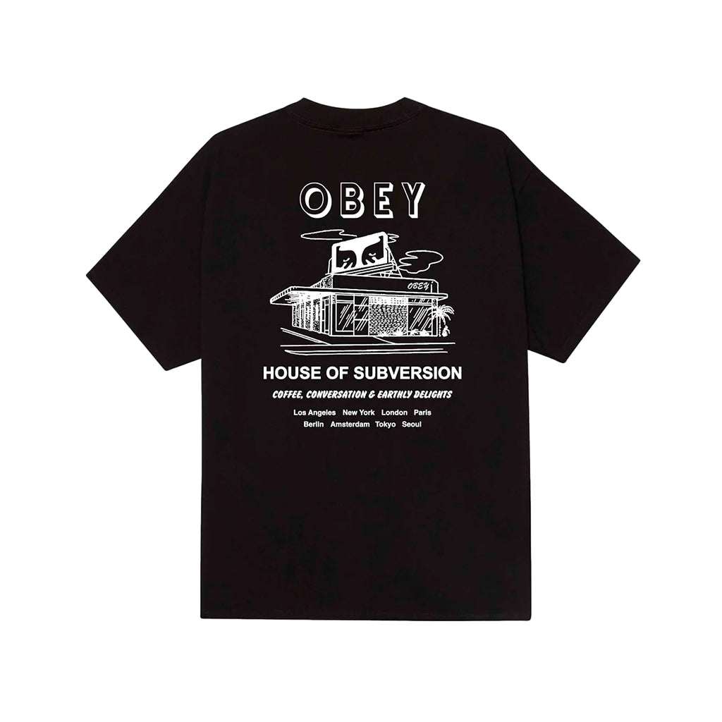Black t-shirt with white graphic and 'Obey' branding on a light gray background
