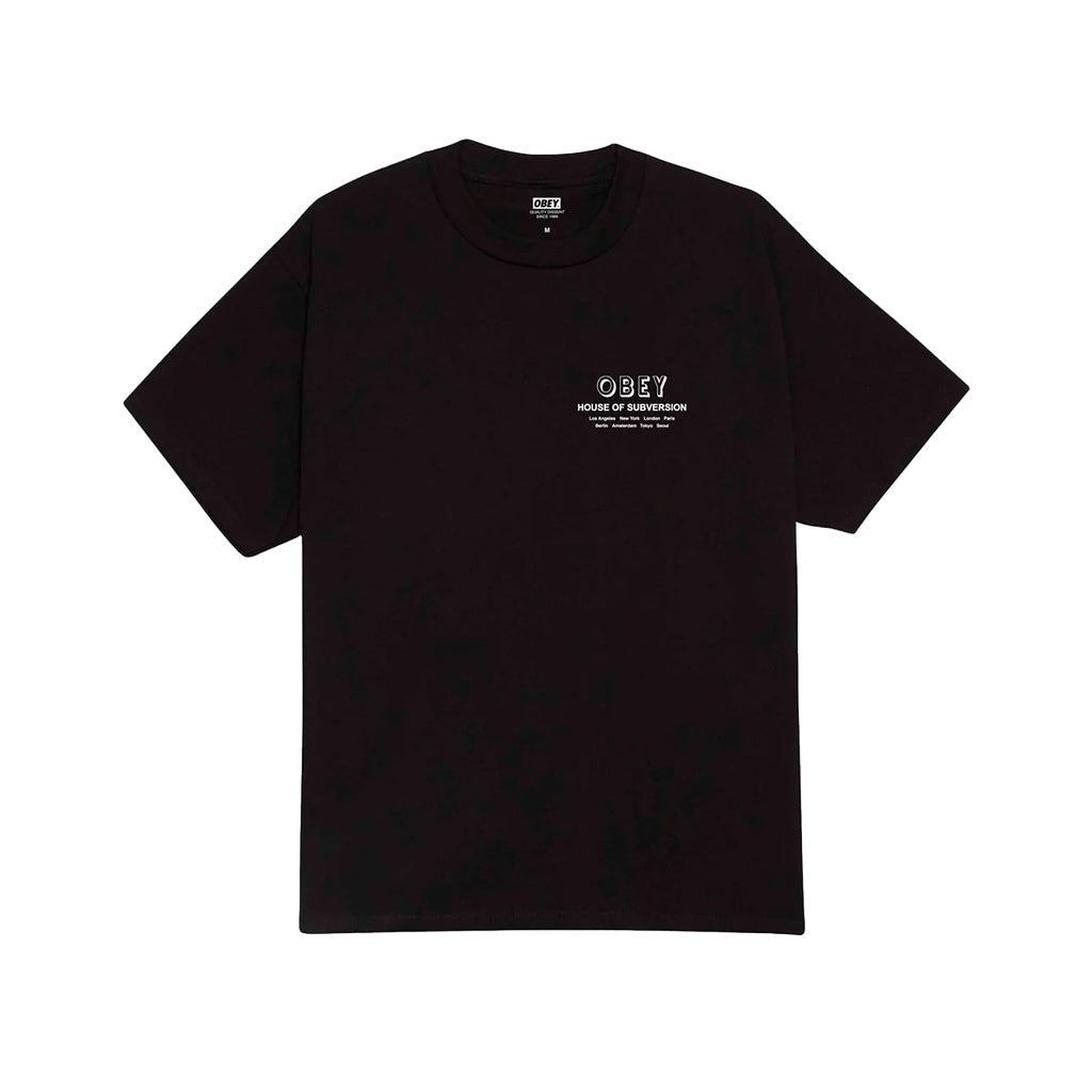 Black t-shirt with 'OBEY' logo on a light gray background