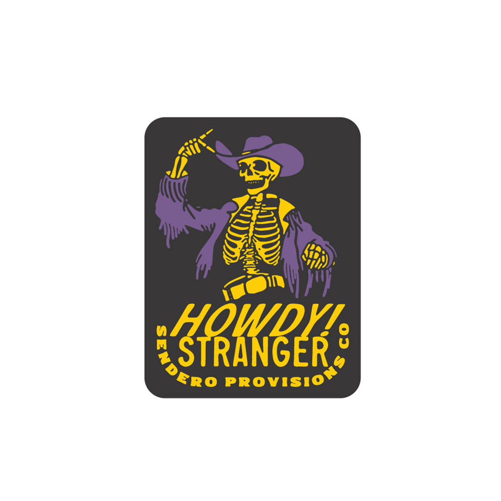 Logo with a skeleton wearing a cowboy hat and boots, holding a gun, on a black background with 'Howdy Stranger' text.