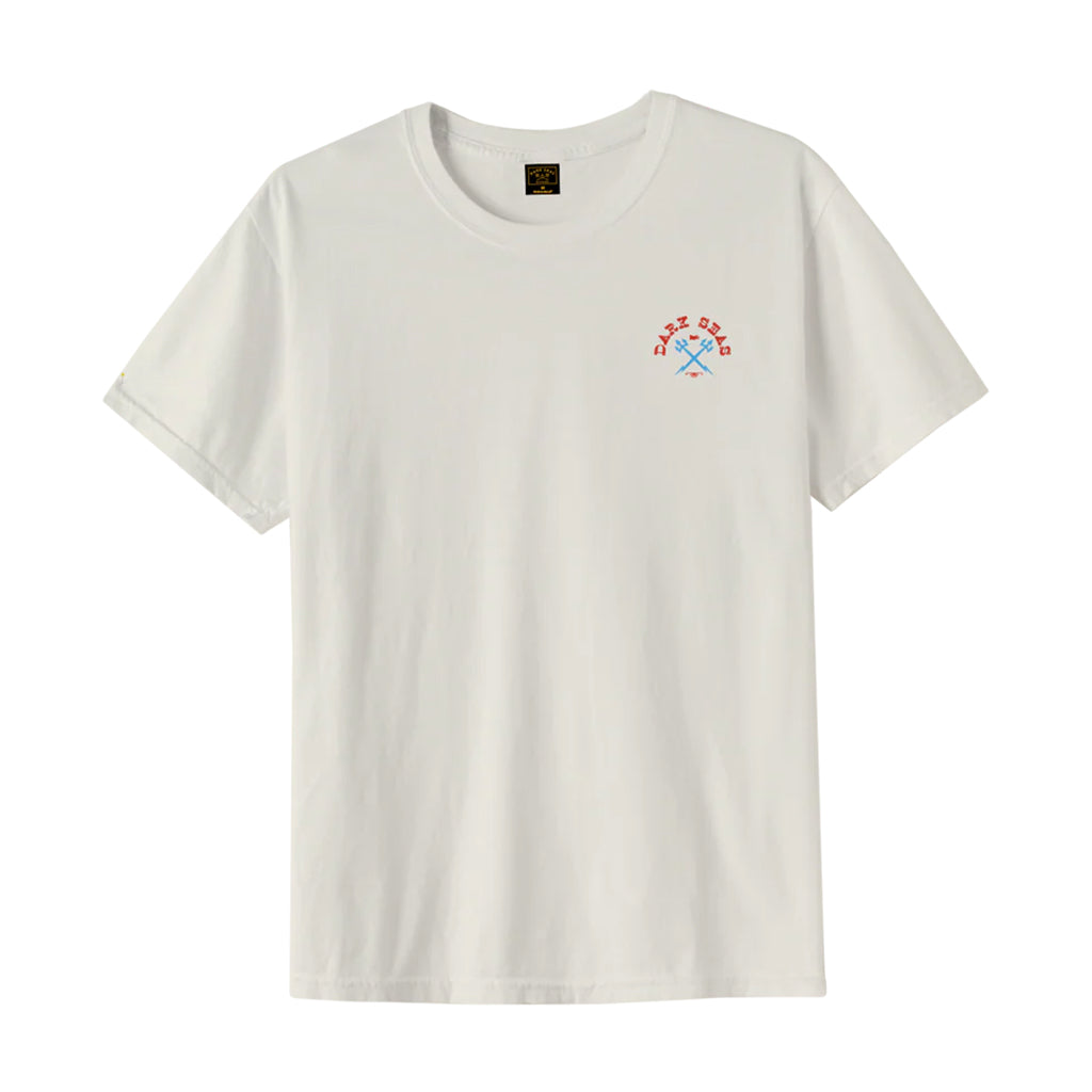 White t-shirt with a small colorful logo on a white background