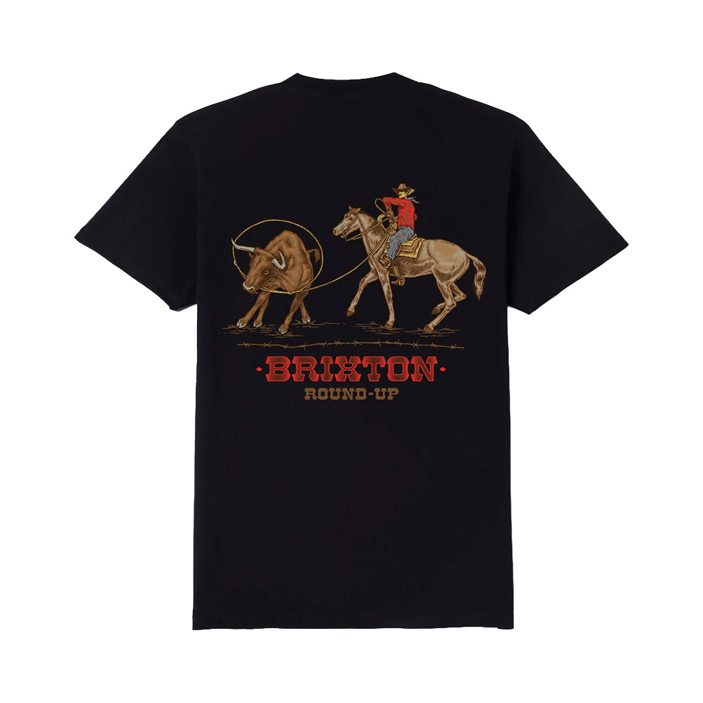 Black t-shirt with a graphic of a cowboy and bull and 'Brixton Round-Up' text on a white background