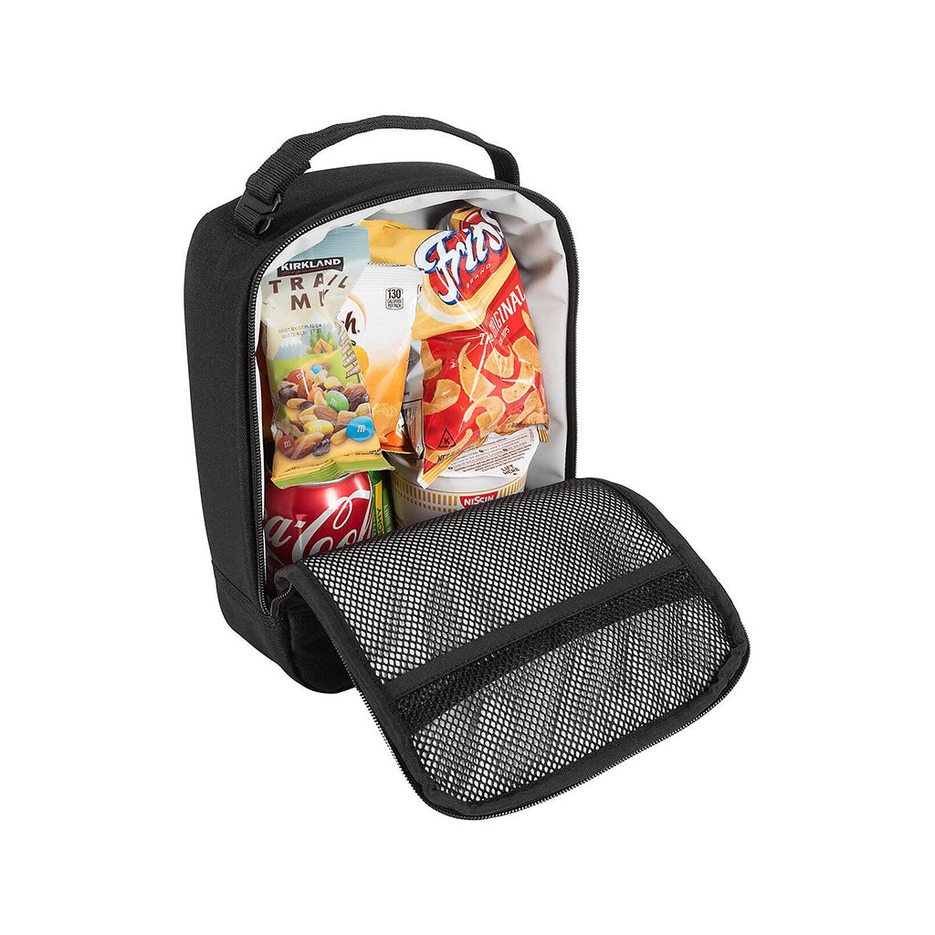 Black snack bag with compartments containing various snacks on a white background