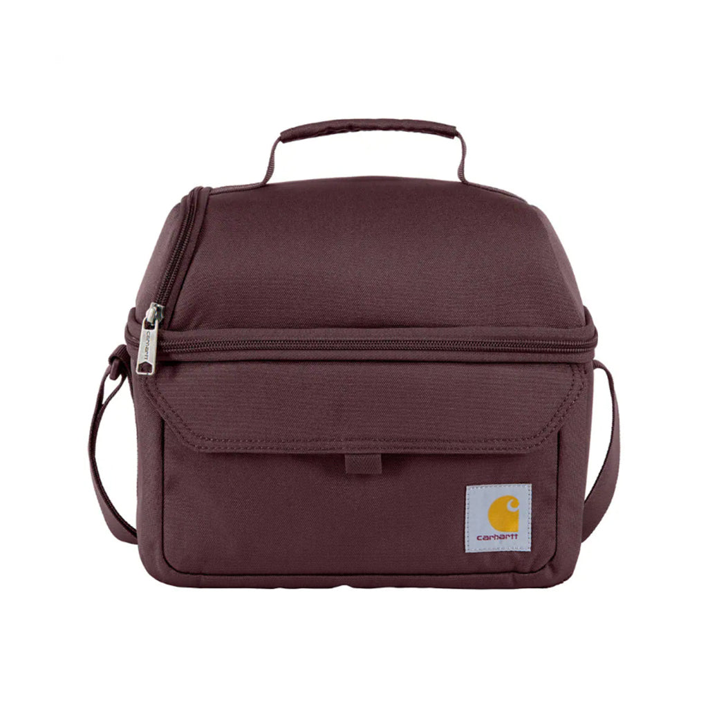 Burgundy insulated lunch bag with Carhartt logo on a white background