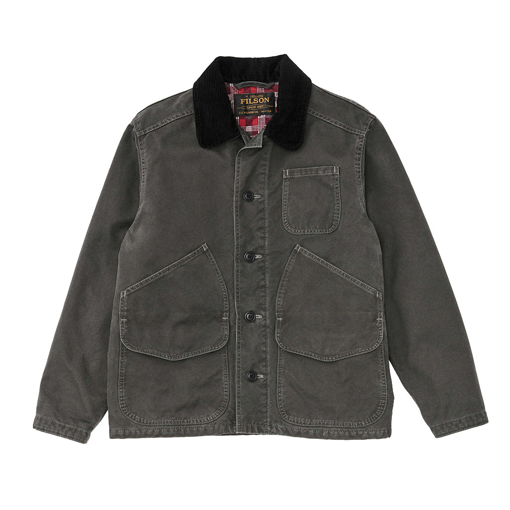 Dark gray jacket with plaid lining on a white background