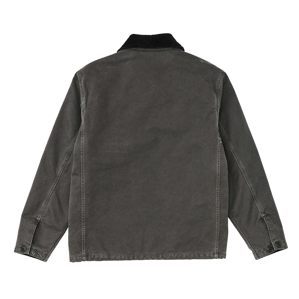 Back view of a dark gray jacket on a white background