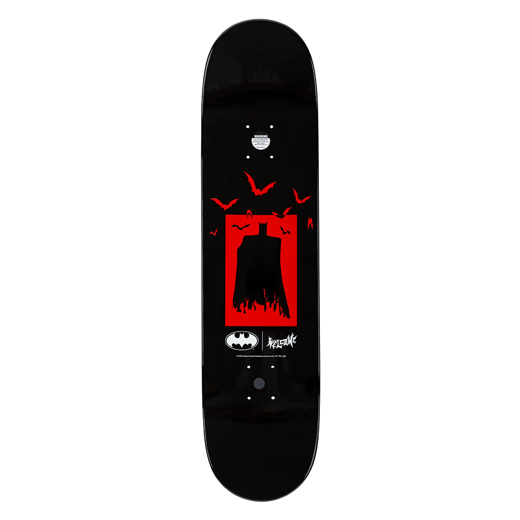 Skateboard deck with a red and black design on a white background