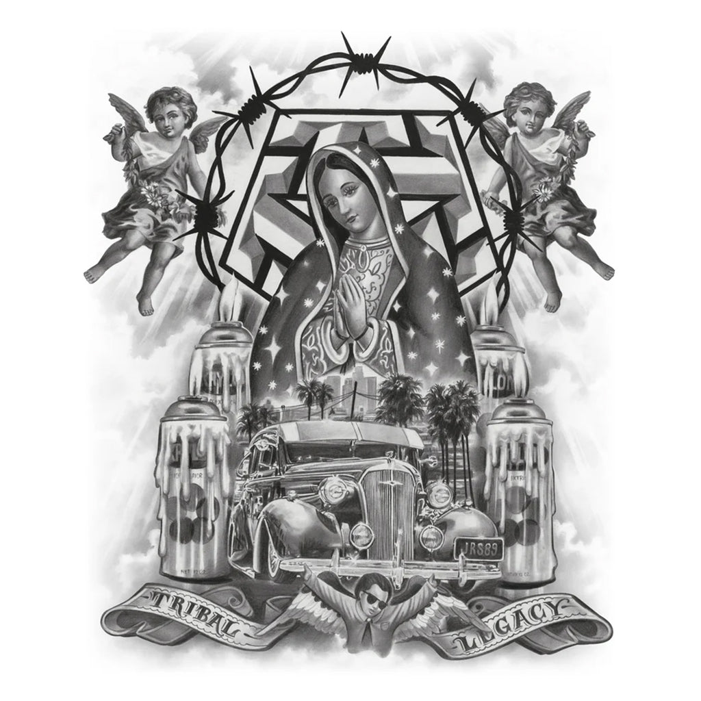 Black and white illustration with a central figure, car, and text on a white background