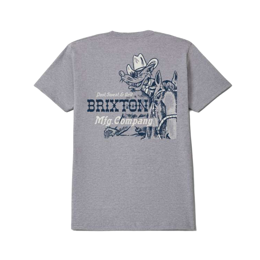 Gray t-shirt with Brixton logo and graphic on the back against a white background