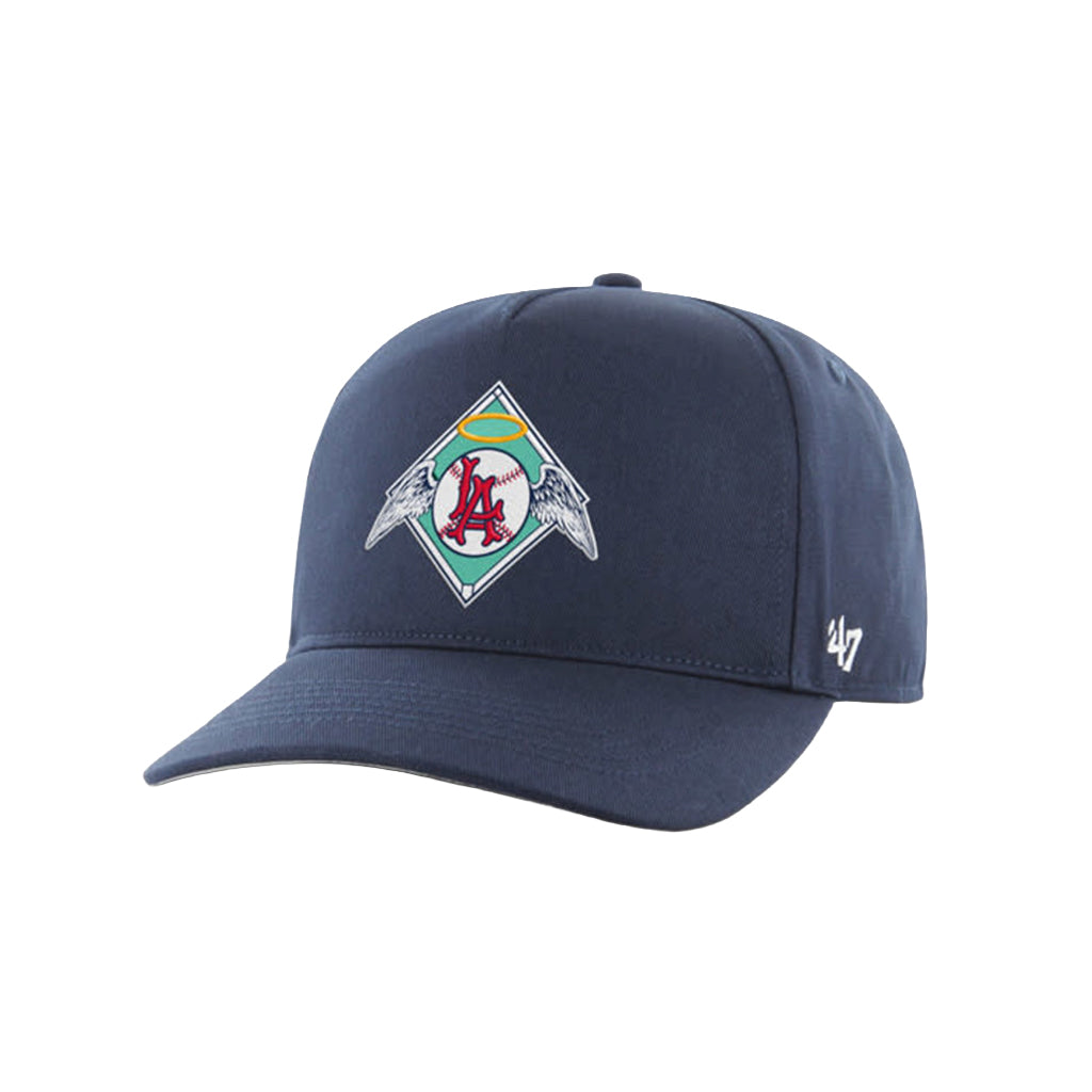 Navy blue cap with a colorful logo on a white background