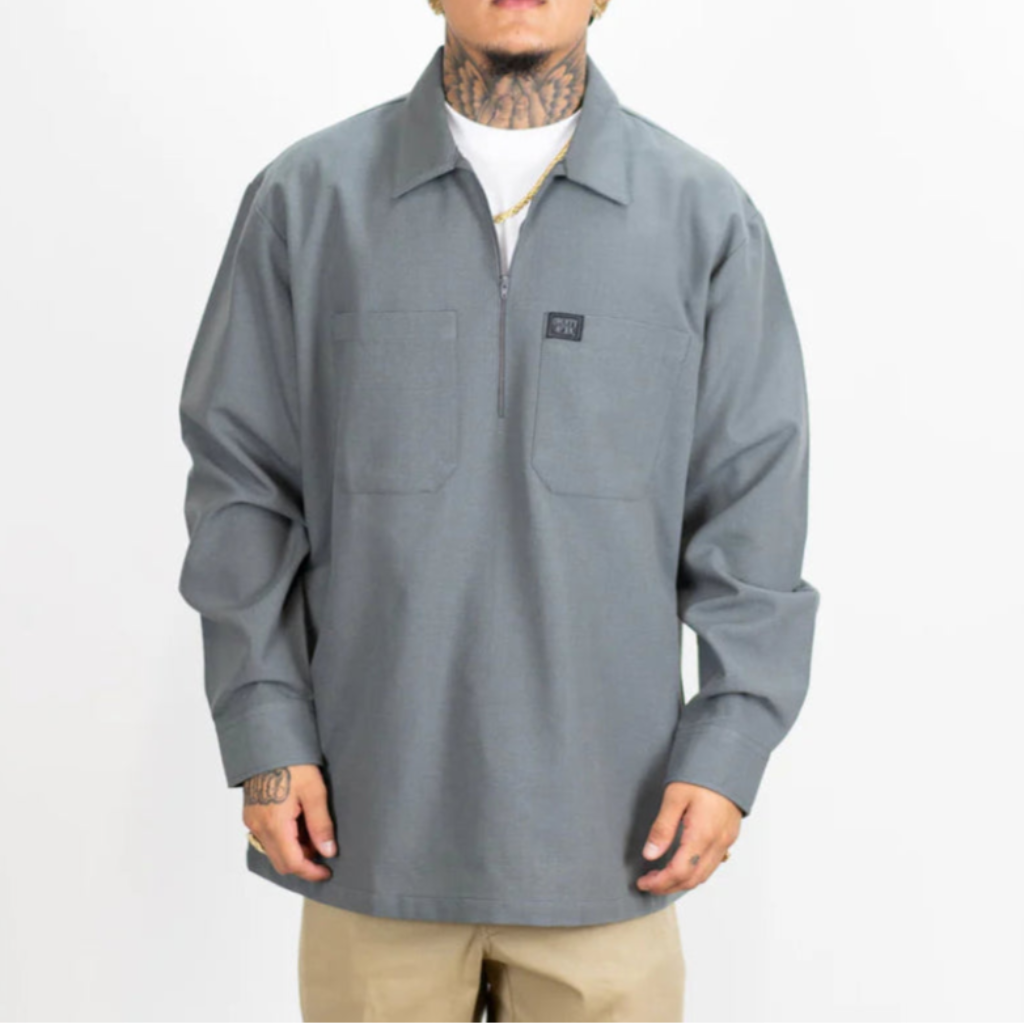 Long Sleeve Checker Zip Shirt Grey