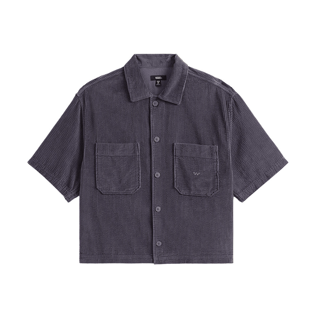 Dark gray short-sleeve shirt with two front pockets on a white background