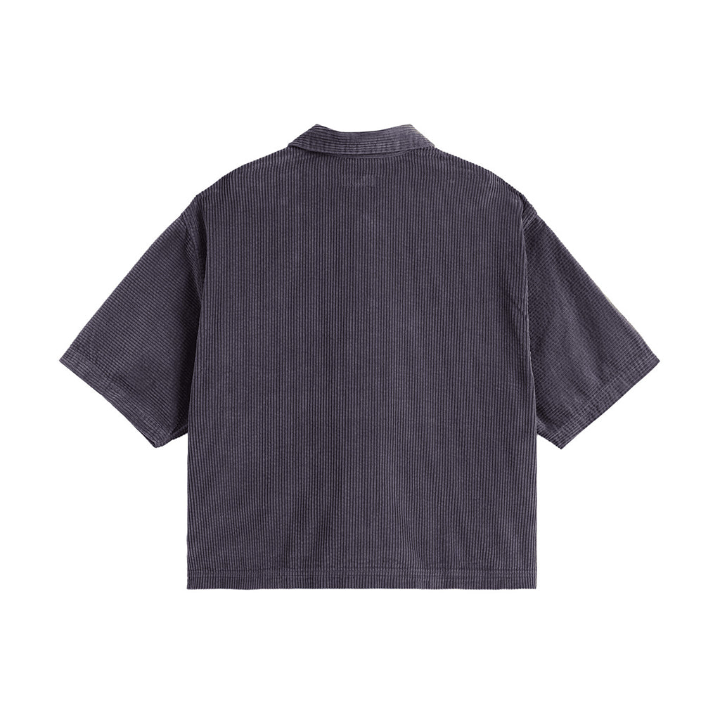 Back view of a dark gray textured shirt on a white background