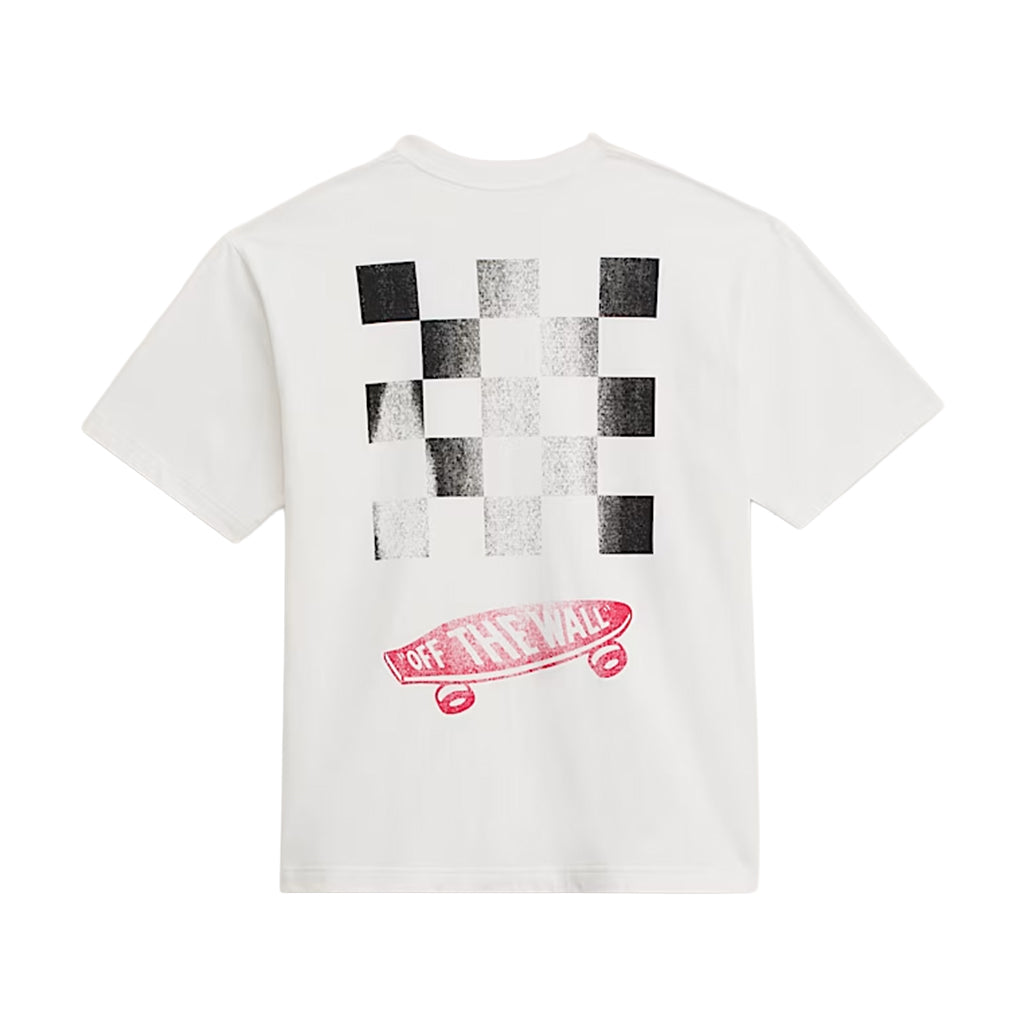 White t-shirt with black and gray checkered design and 'Off The Wall' graphic on a white background