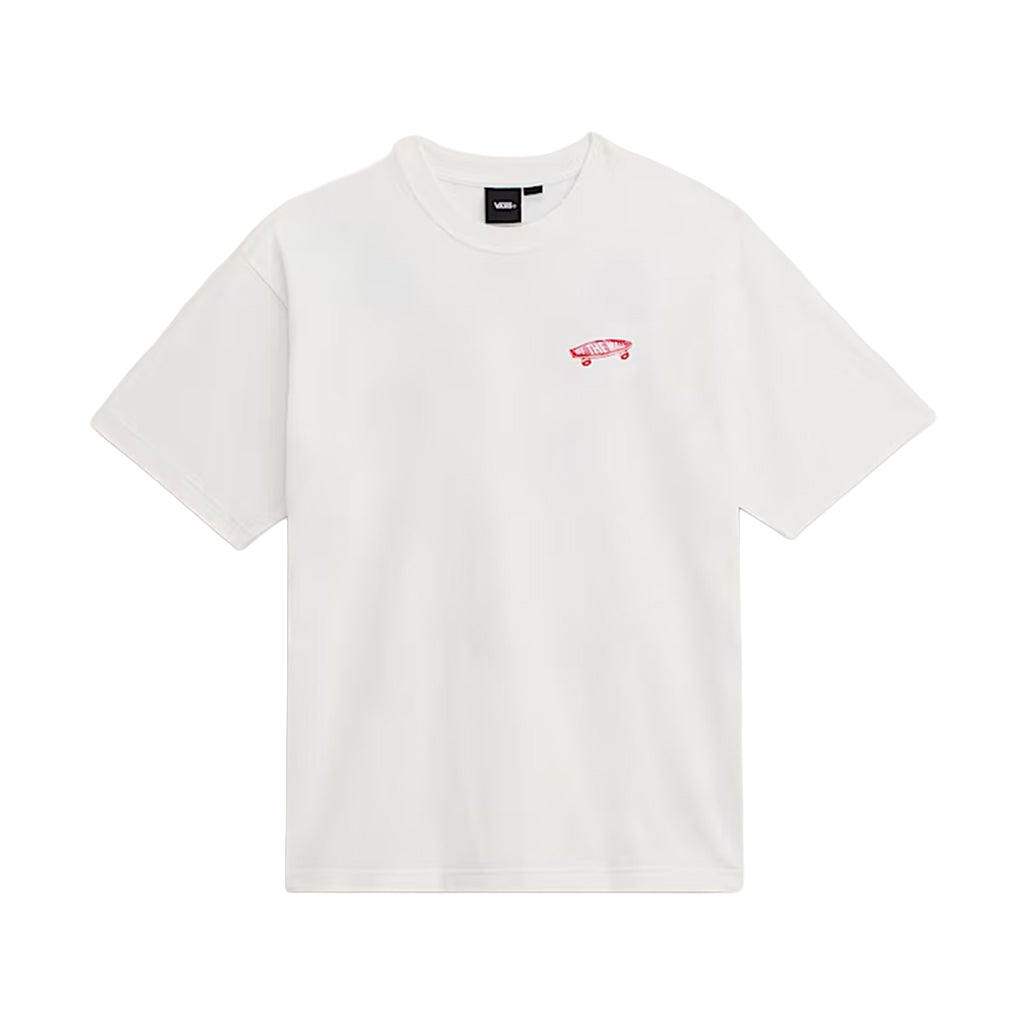 White t-shirt with a small red logo on a white background