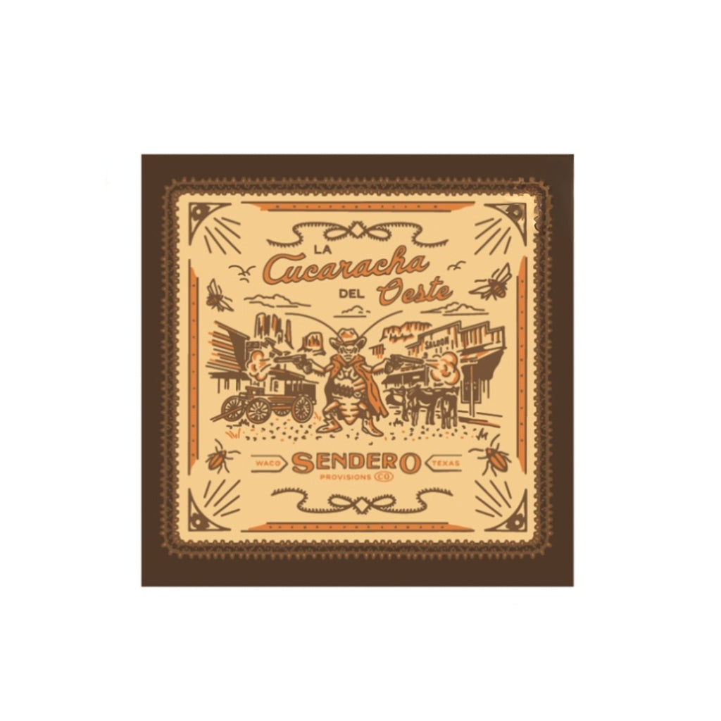Decorative bandana with intricate designs and text on a white background