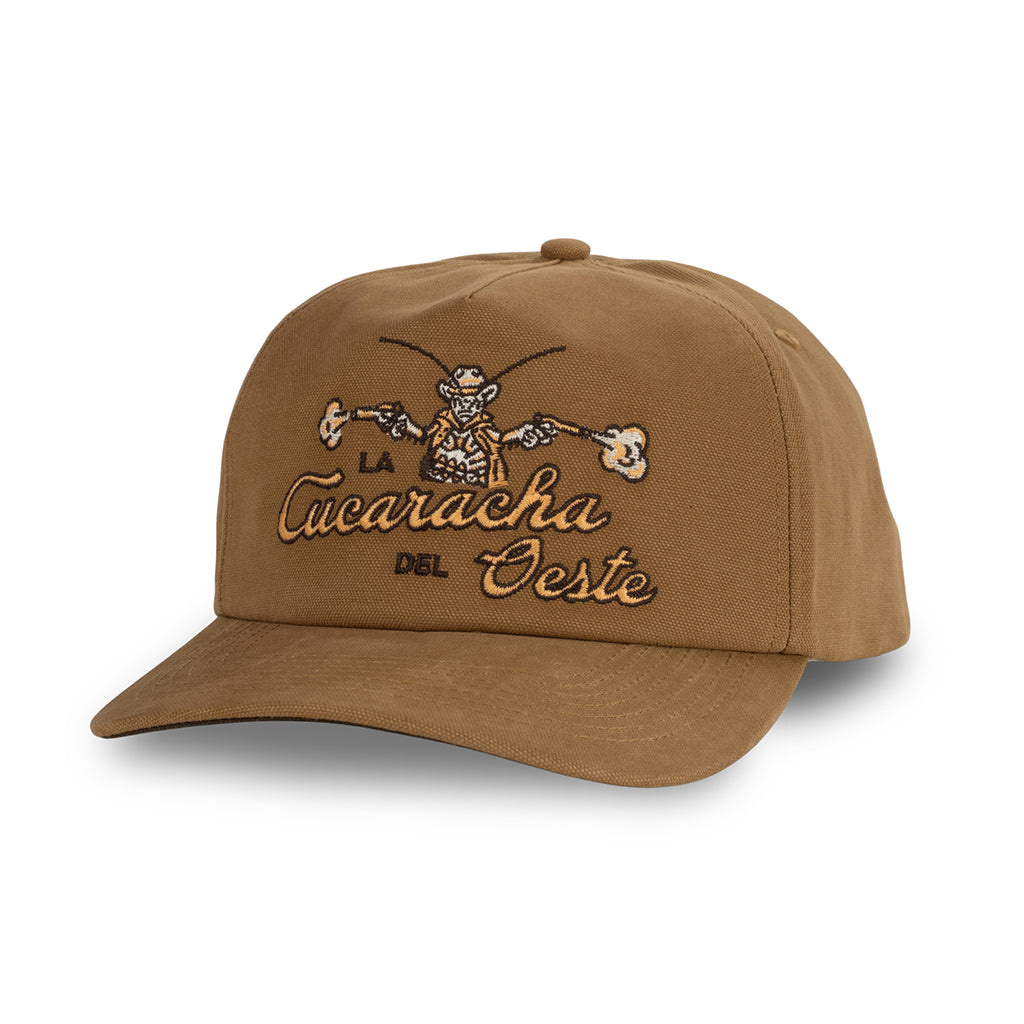 Brown cap with embroidered design and text on a white background
