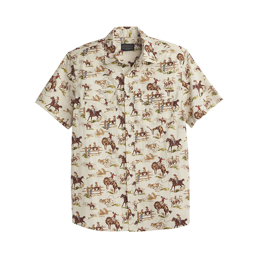 Short-sleeve shirt with horse and rider pattern on a white background