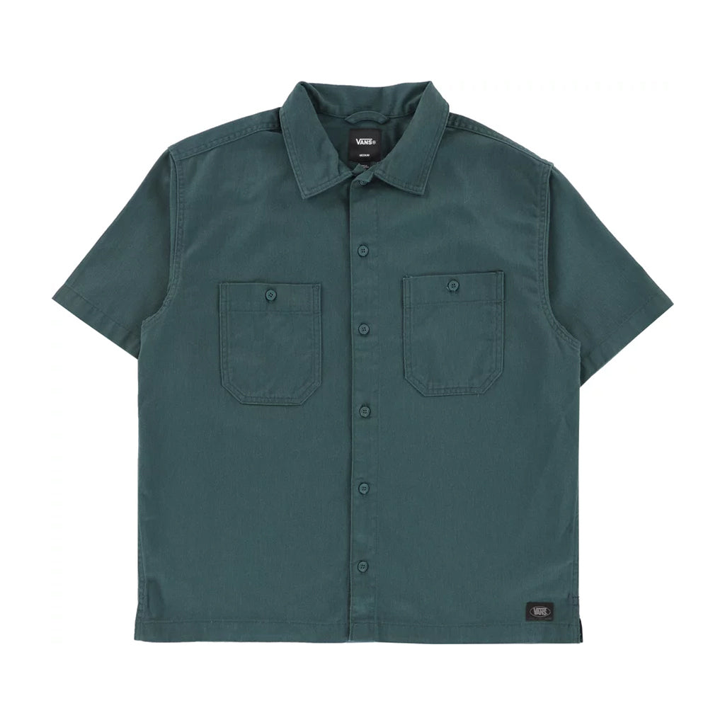 Green short-sleeve shirt with two front pockets on a white background