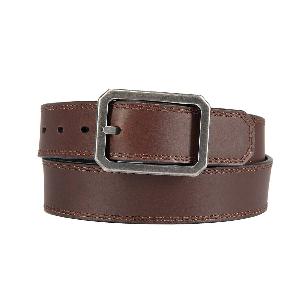 Brown leather belt with a silver buckle on a white background