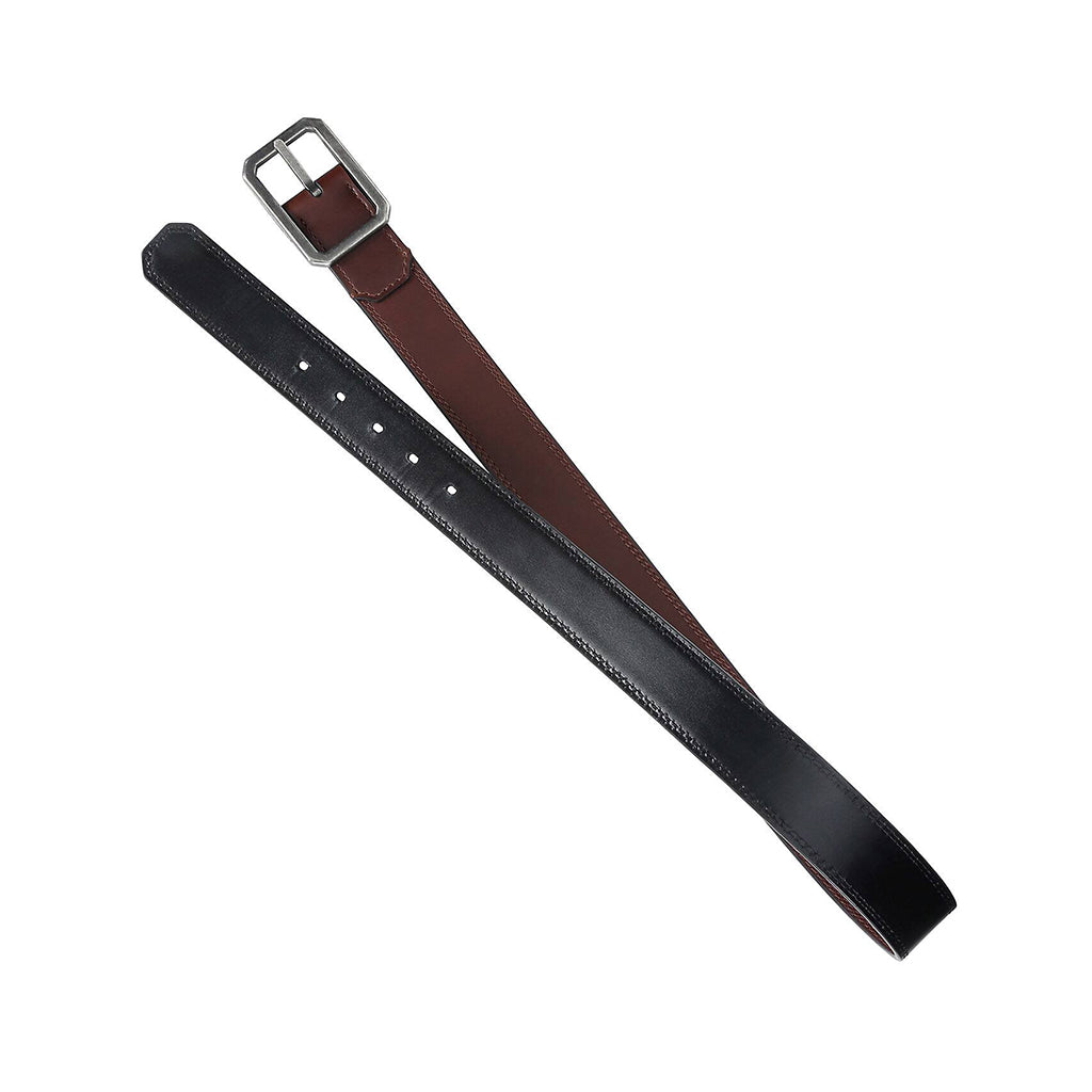Black and brown leather belt with a silver buckle on a white background