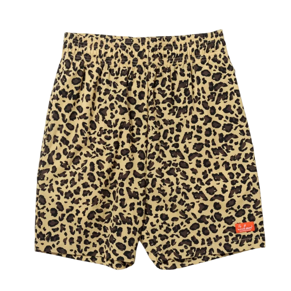 Leopard print shorts with a brand logo on a white background