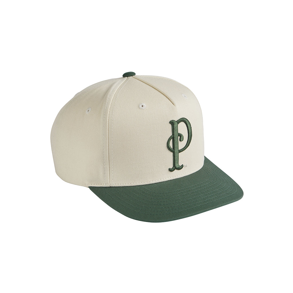 Beige and green baseball cap with a logo on a white background