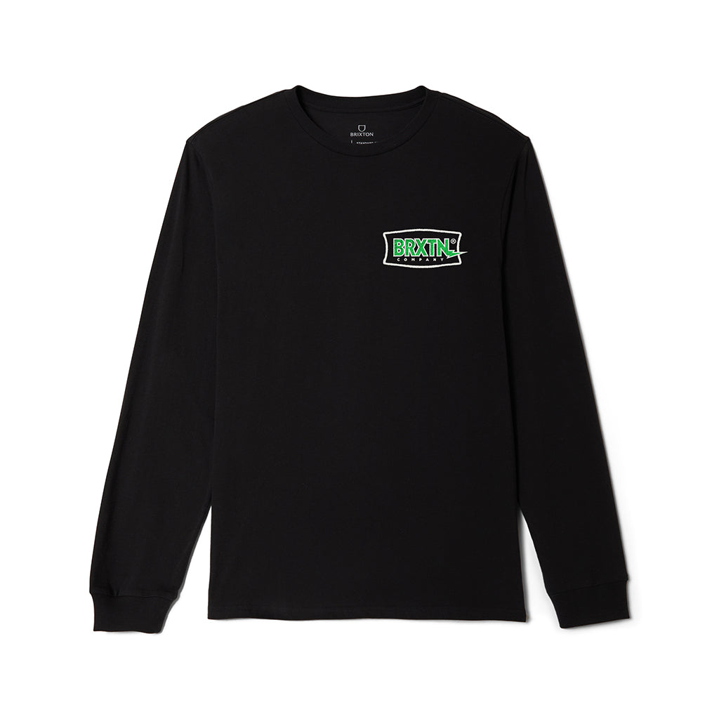 Small logo of green brixton text on a long sleeve on a white background