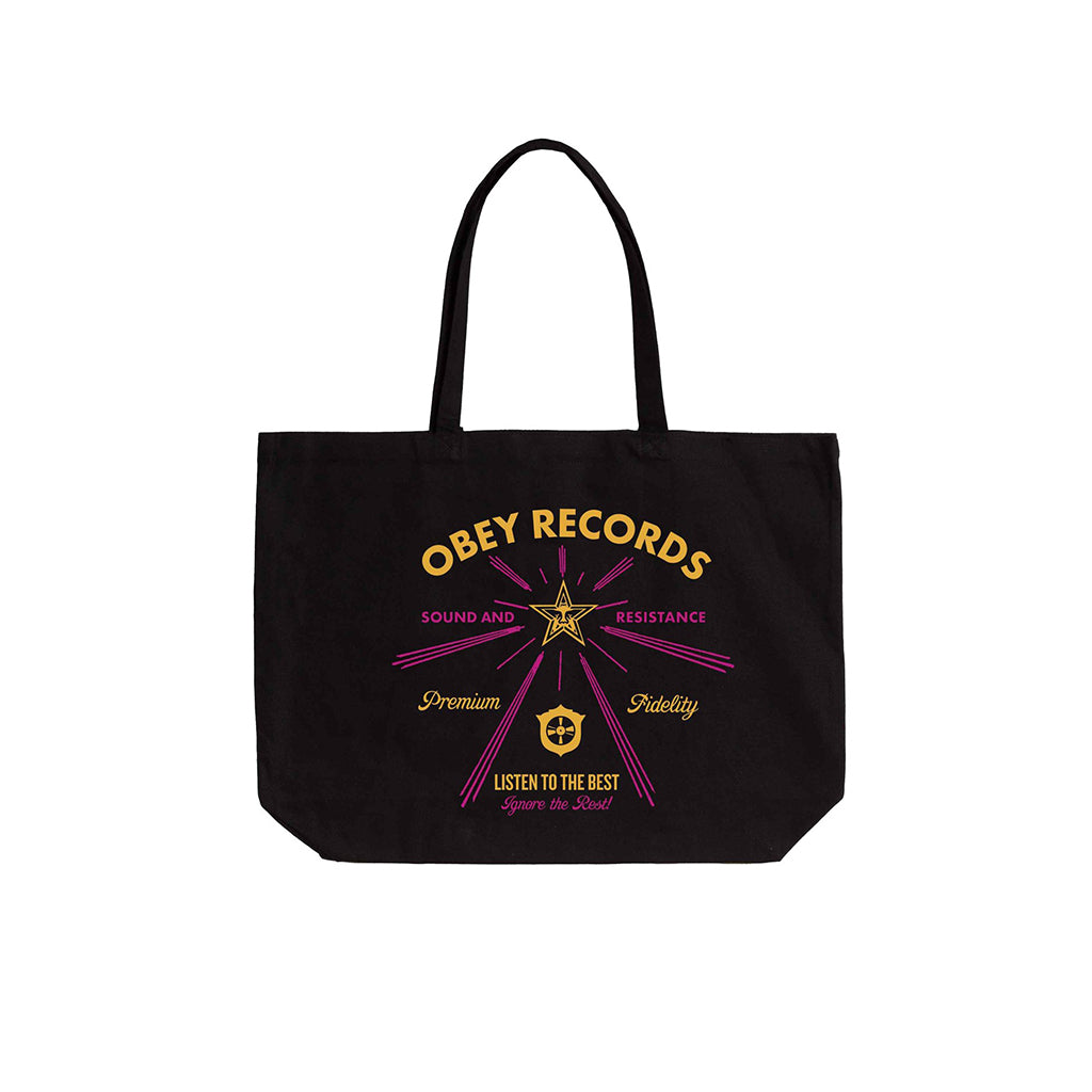 Black tote bag with 'Obey Records' text and design on a white background