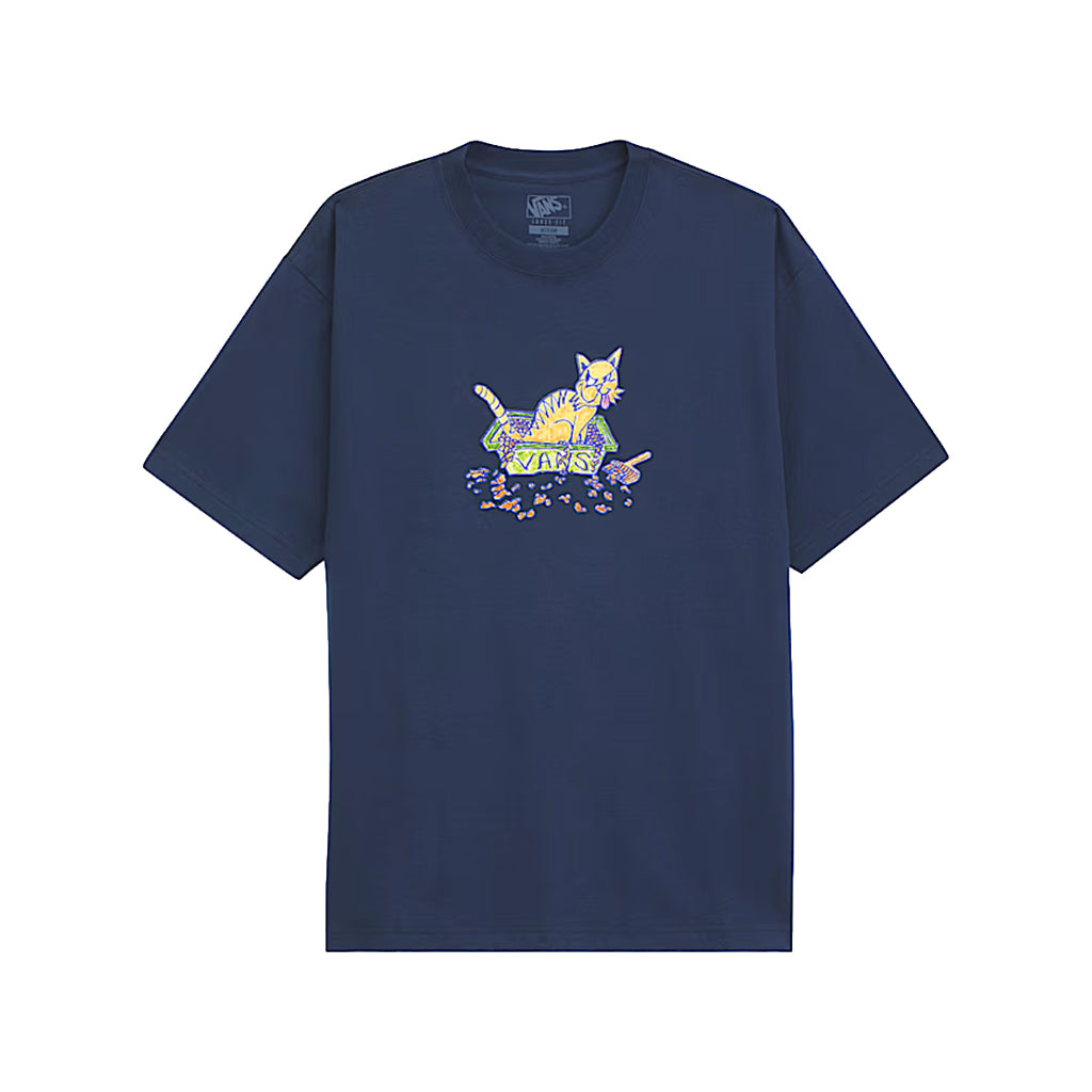 Navy blue t-shirt with a colorful cat graphic on a white background