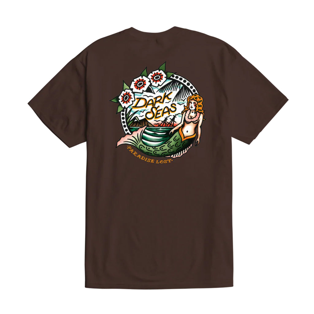 Brown t-shirt with a colorful graphic on the back on a white background