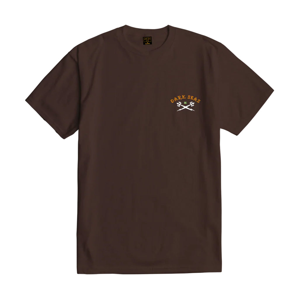 Brown t-shirt with a logo on the chest against a white background