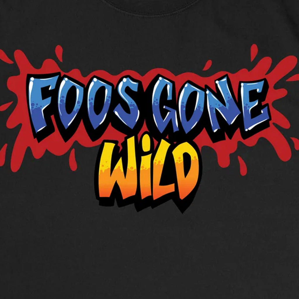 Black t-shirt with colorful 'Foos Gone Wild' text design on a black background